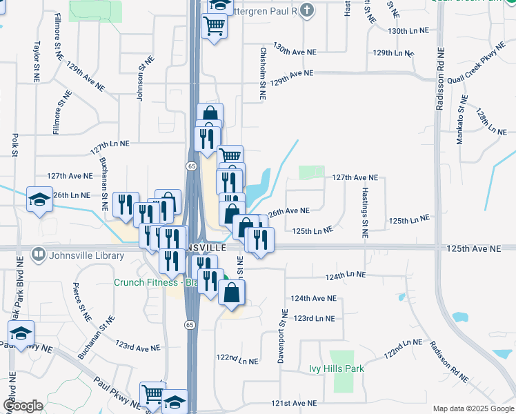 map of restaurants, bars, coffee shops, grocery stores, and more near 1510 126th Avenue Northeast in Minneapolis