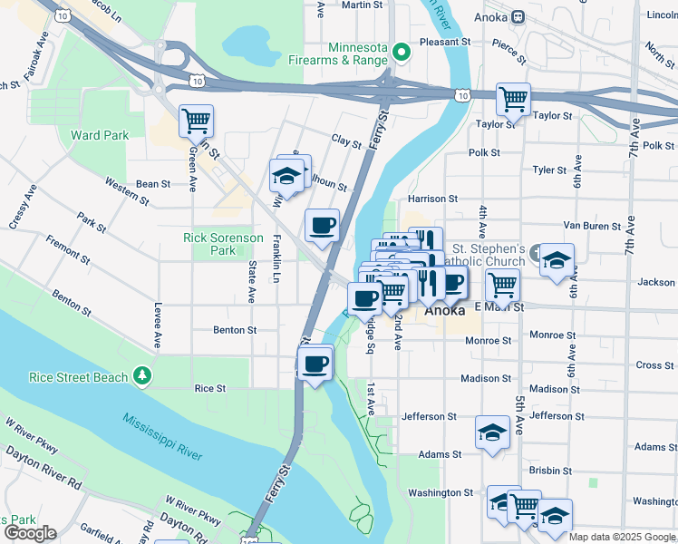 map of restaurants, bars, coffee shops, grocery stores, and more near 2022 North Ferry Street in Anoka