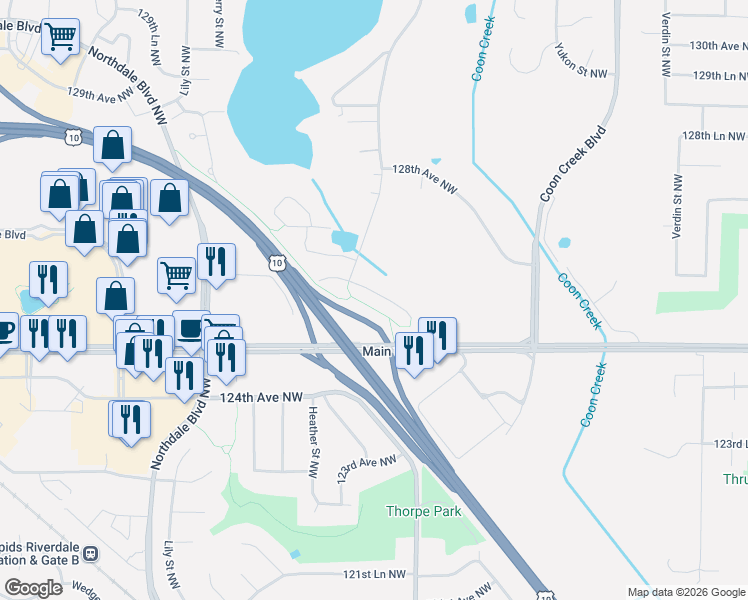map of restaurants, bars, coffee shops, grocery stores, and more near 2877 126th Avenue Northwest in Minneapolis