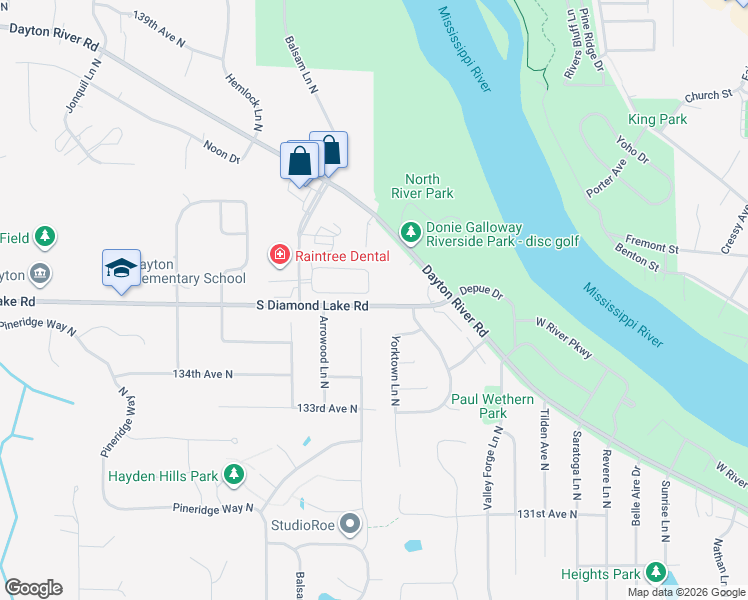 map of restaurants, bars, coffee shops, grocery stores, and more near 1329 South Diamond Lake Road in Champlin