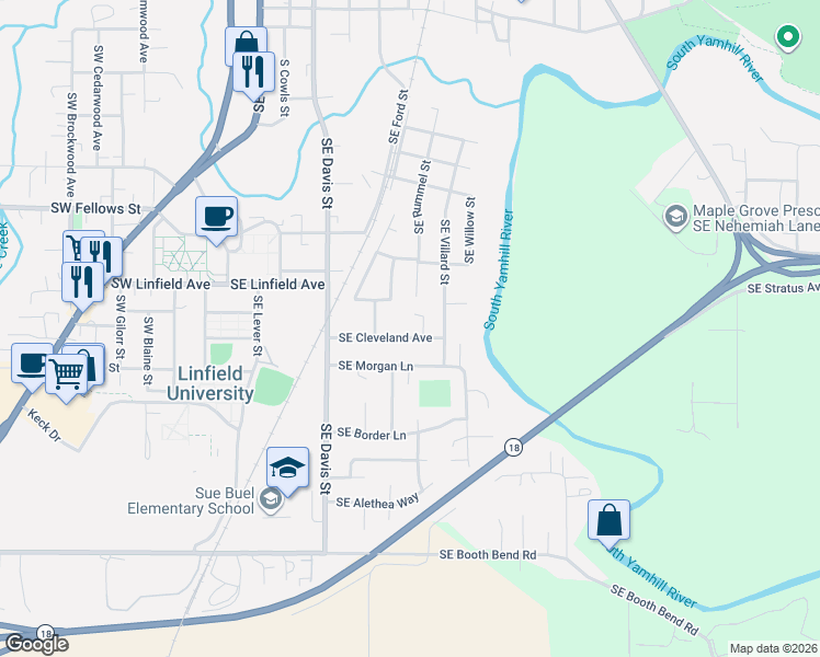 map of restaurants, bars, coffee shops, grocery stores, and more near 725 Southeast Cleveland Avenue in McMinnville