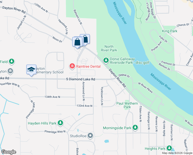 map of restaurants, bars, coffee shops, grocery stores, and more near 1329 South Diamond Lake Road in Champlin