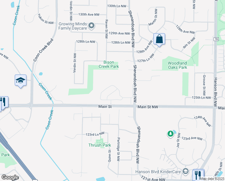 map of restaurants, bars, coffee shops, grocery stores, and more near 12597 Thrush Street Northwest in Minneapolis