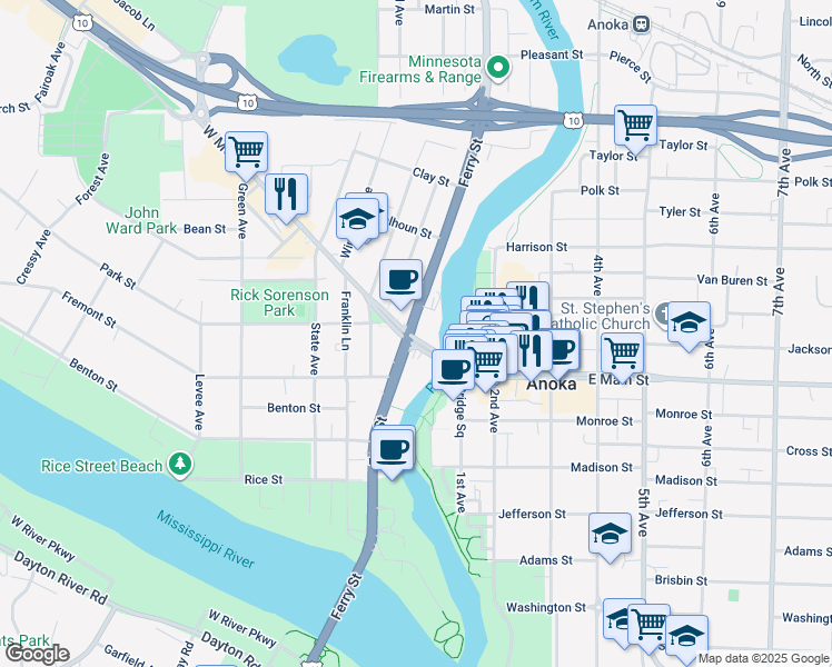 map of restaurants, bars, coffee shops, grocery stores, and more near 101 West Main Street in Anoka
