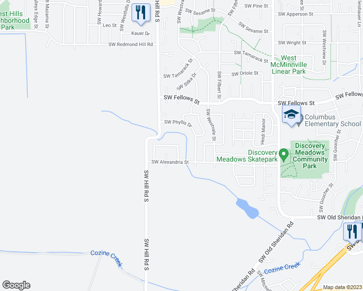 map of restaurants, bars, coffee shops, grocery stores, and more near 1211 Southwest Darci Drive in McMinnville