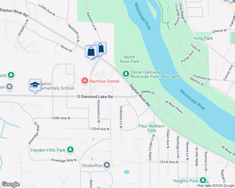 map of restaurants, bars, coffee shops, grocery stores, and more near 1329 South Diamond Lake Road in Champlin