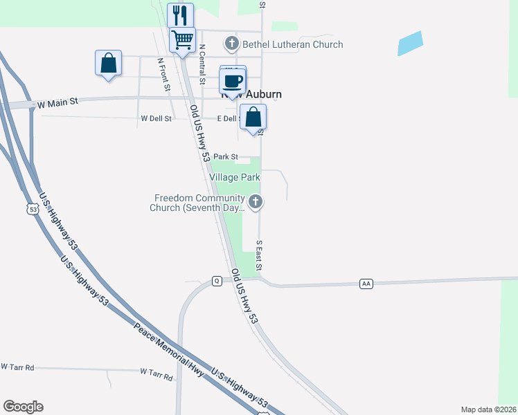 map of restaurants, bars, coffee shops, grocery stores, and more near 426 South East Street in New Auburn