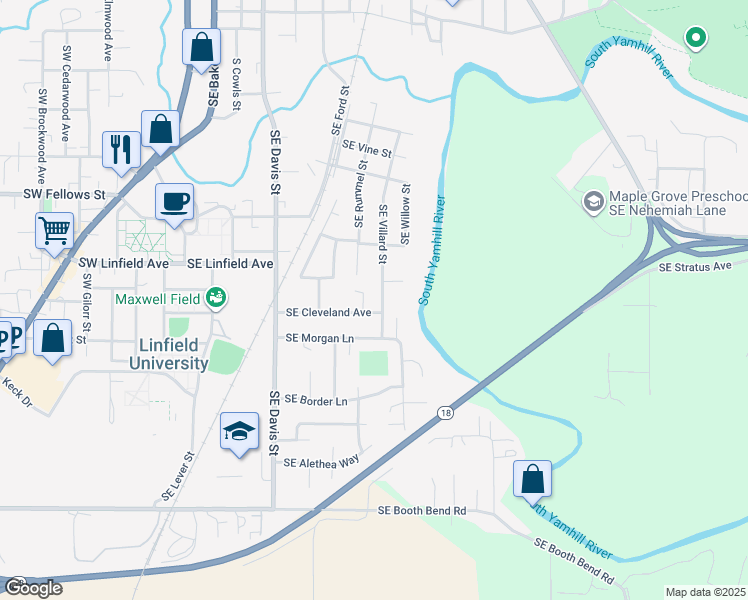 map of restaurants, bars, coffee shops, grocery stores, and more near 1280 Southeast Villard Street in McMinnville