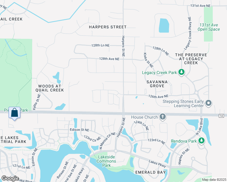 map of restaurants, bars, coffee shops, grocery stores, and more near 12600 Harpers Street Northeast in Blaine