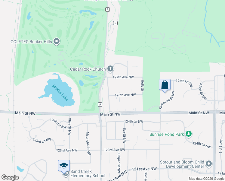 map of restaurants, bars, coffee shops, grocery stores, and more near 12621 Larch Street Northwest in Minneapolis