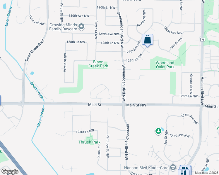 map of restaurants, bars, coffee shops, grocery stores, and more near 2125 126th Avenue Northwest in Minneapolis