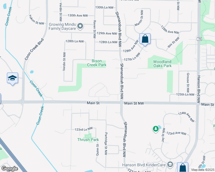 map of restaurants, bars, coffee shops, grocery stores, and more near 2125 126th Avenue Northwest in Minneapolis
