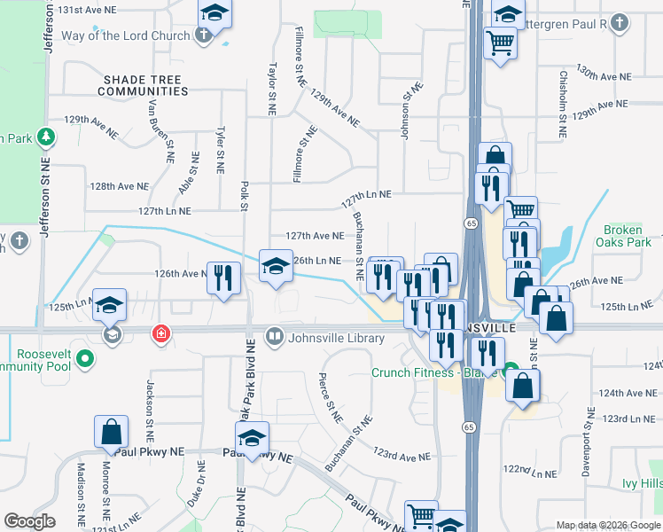 map of restaurants, bars, coffee shops, grocery stores, and more near 1134 126th Lane Northeast in Blaine