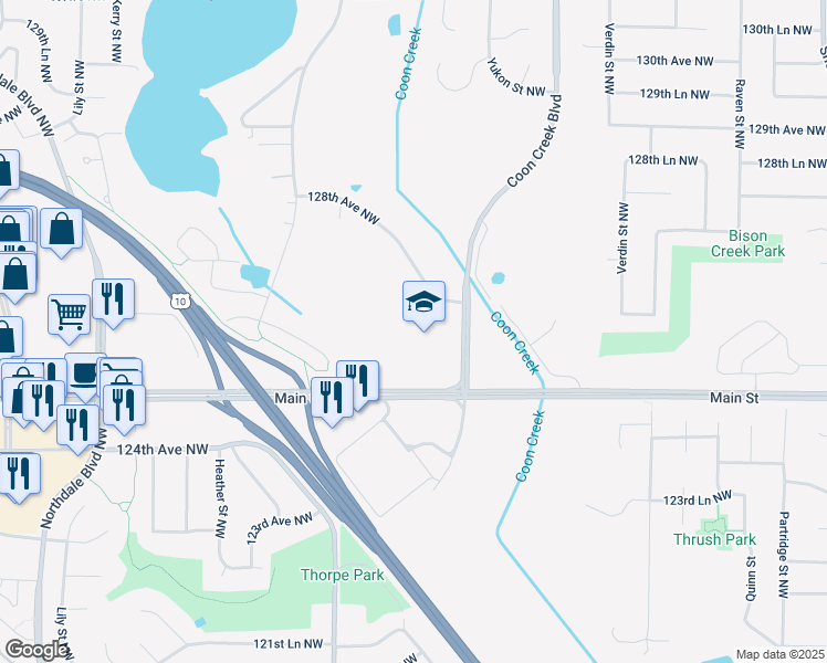 map of restaurants, bars, coffee shops, grocery stores, and more near 2650 128th Avenue Northwest in Coon Rapids