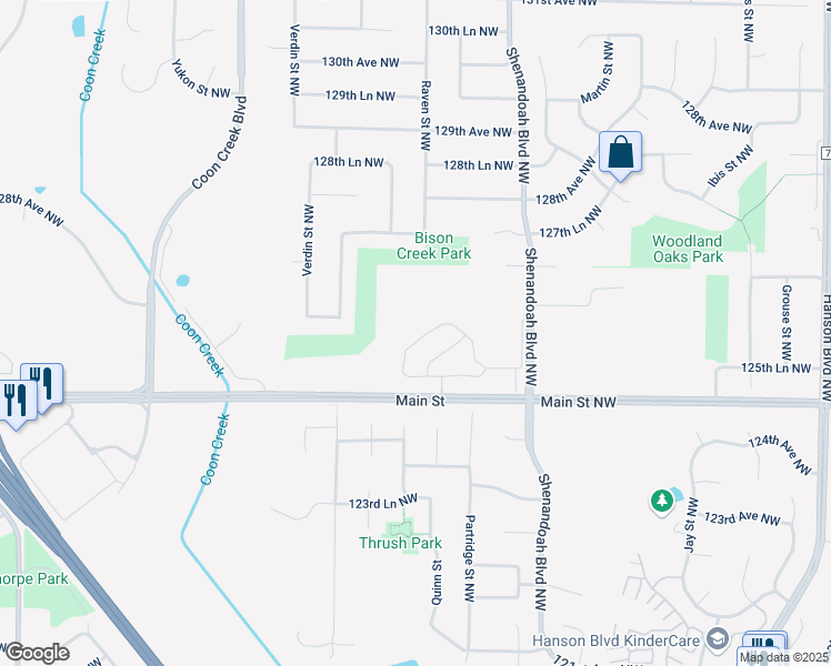 map of restaurants, bars, coffee shops, grocery stores, and more near 12582 Thrush Street Northwest in Minneapolis