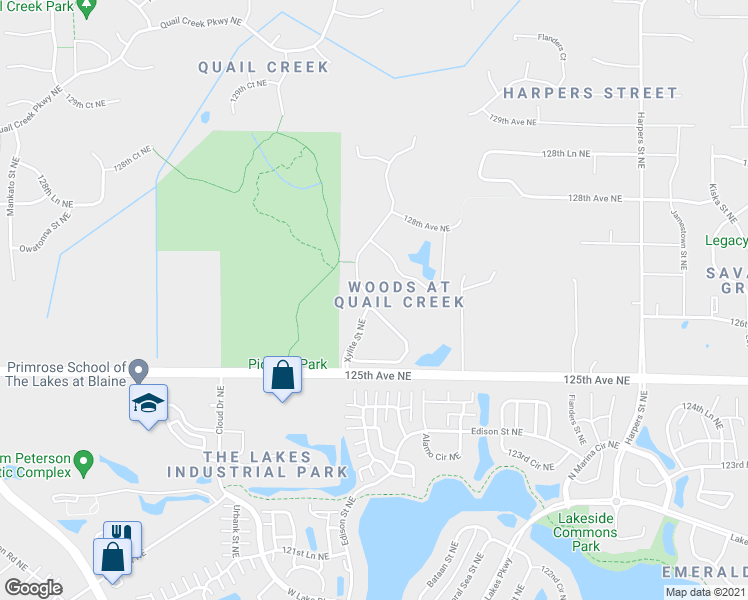 map of restaurants, bars, coffee shops, grocery stores, and more near 12603 Zumbrota Street Northeast in Blaine
