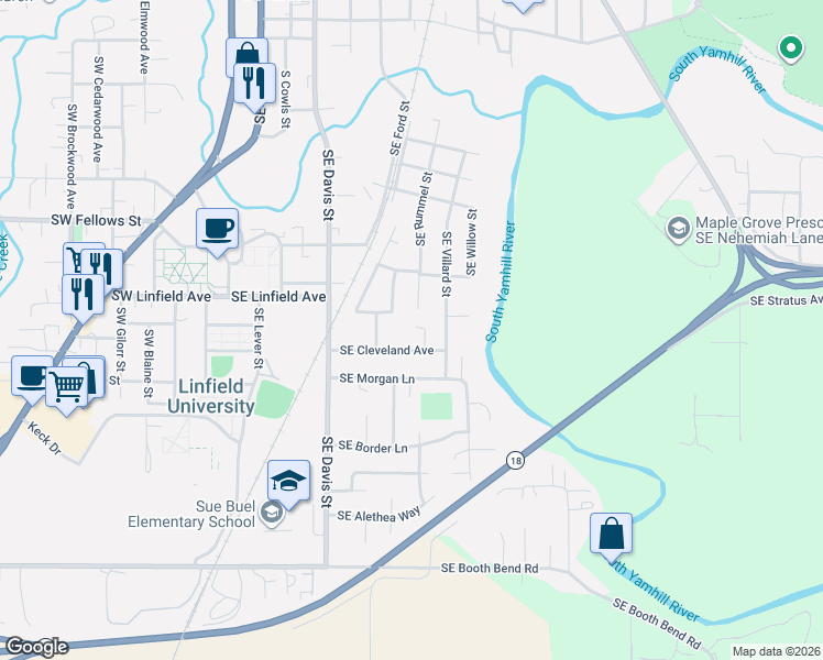 map of restaurants, bars, coffee shops, grocery stores, and more near 725 SE Cleveland Ave in McMinnville