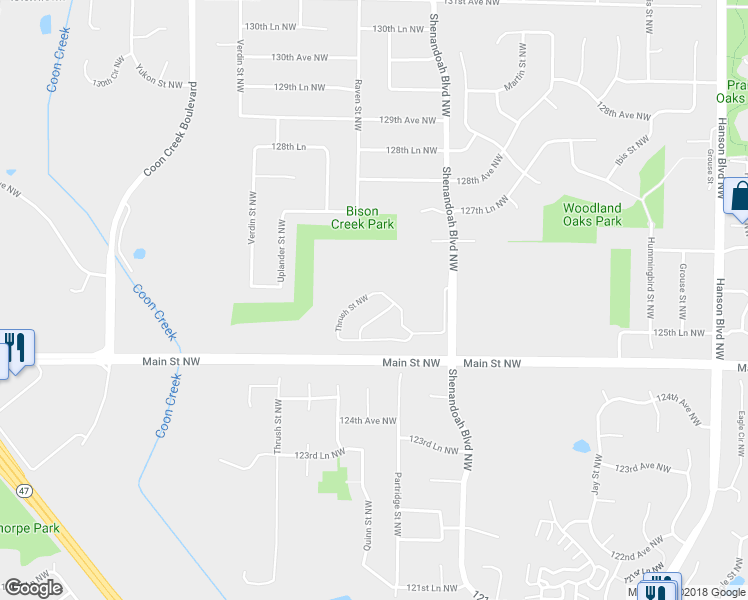 map of restaurants, bars, coffee shops, grocery stores, and more near 12597 Thrush Street Northwest in Minneapolis