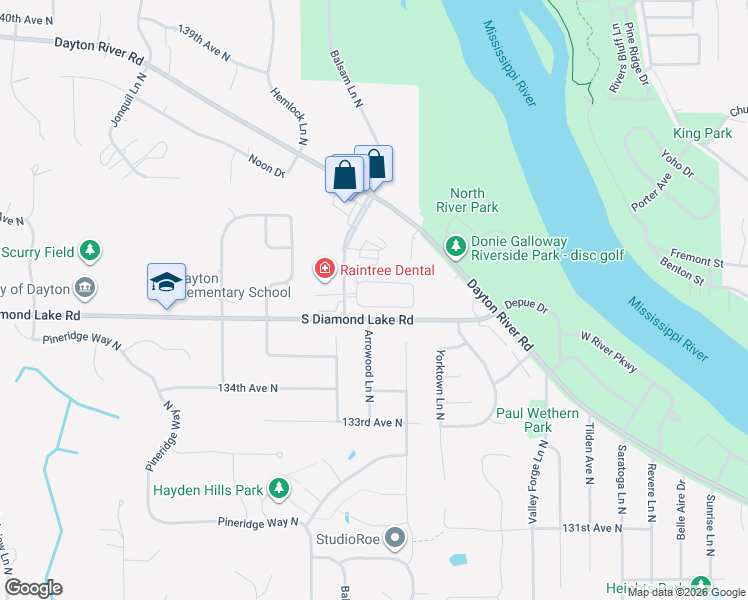 map of restaurants, bars, coffee shops, grocery stores, and more near 13460 Arrowood Lane North in Dayton