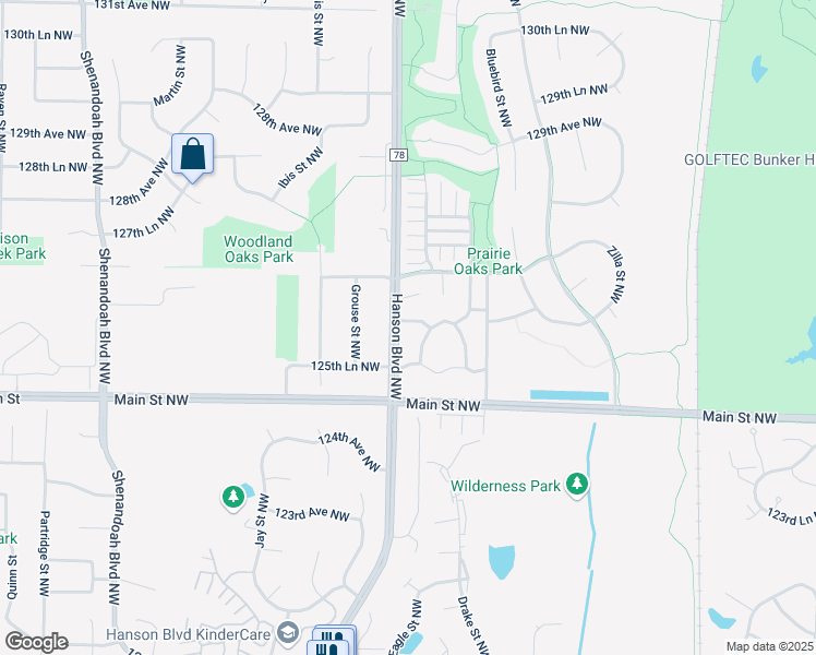 map of restaurants, bars, coffee shops, grocery stores, and more near 1584 126th Lane Northwest in Minneapolis
