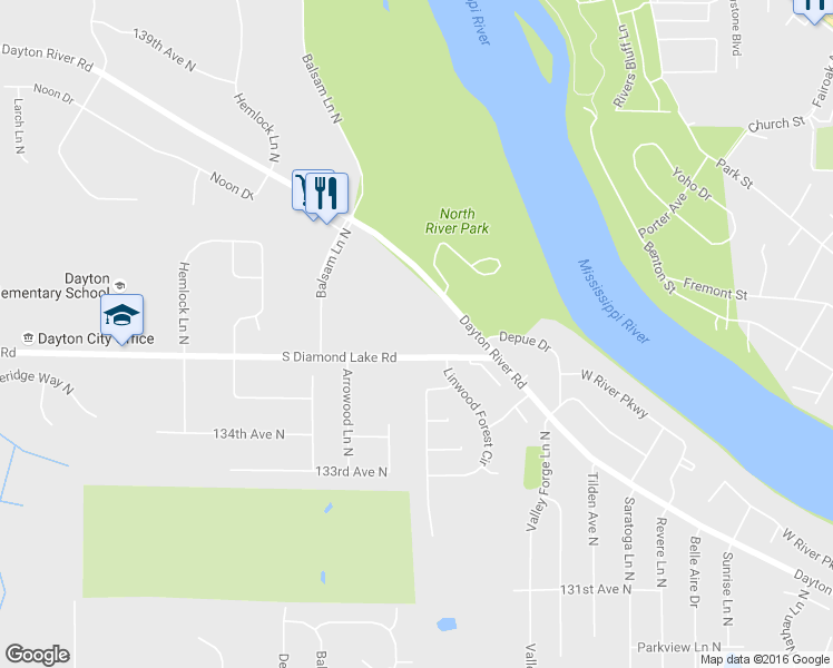 map of restaurants, bars, coffee shops, grocery stores, and more near 1329 South Diamond Lake Road in Champlin