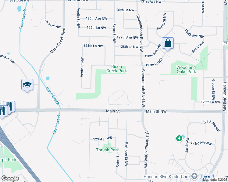 map of restaurants, bars, coffee shops, grocery stores, and more near 12582 Thrush Street Northwest in Minneapolis