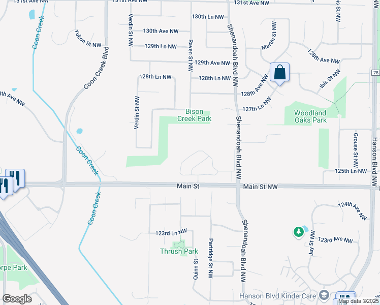 map of restaurants, bars, coffee shops, grocery stores, and more near 12582 Thrush Street Northwest in Minneapolis