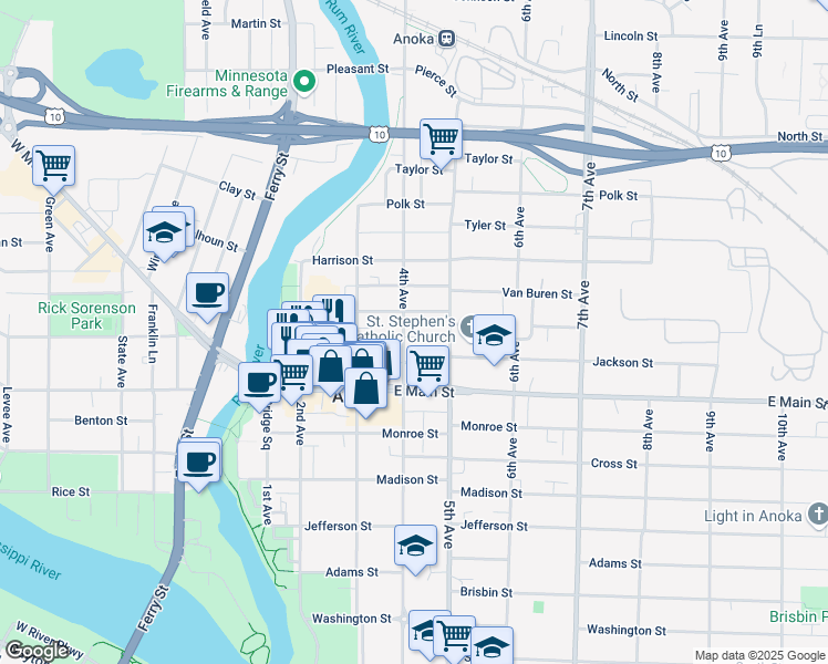 map of restaurants, bars, coffee shops, grocery stores, and more near 2140 North 4th Avenue in Anoka