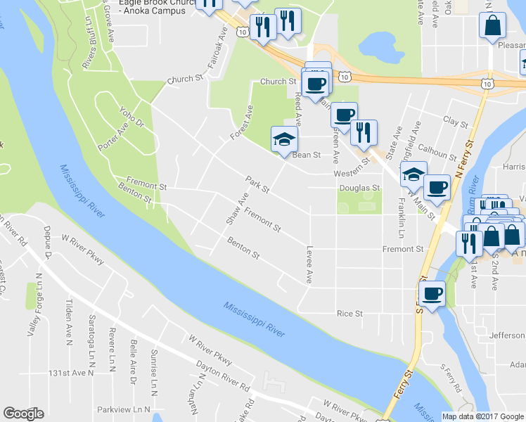 map of restaurants, bars, coffee shops, grocery stores, and more near 725 Fremont Street in Anoka