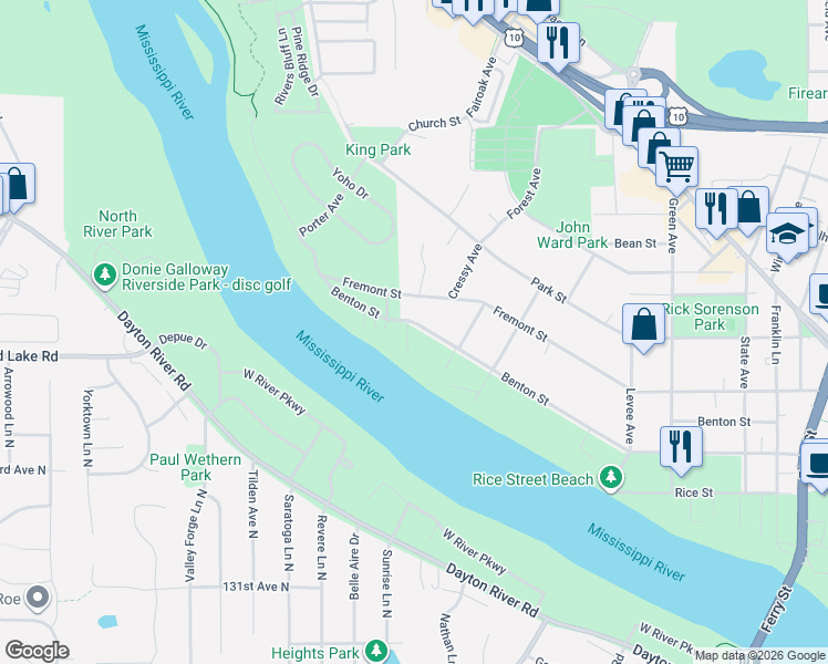 map of restaurants, bars, coffee shops, grocery stores, and more near 1729 West Lane in Anoka