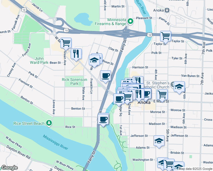 map of restaurants, bars, coffee shops, grocery stores, and more near 101 West Main Street in Anoka