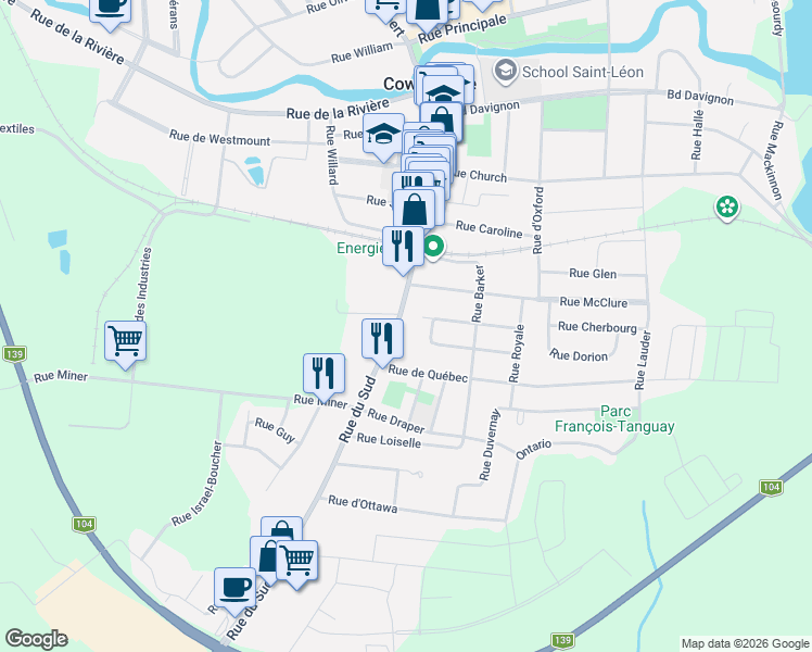 map of restaurants, bars, coffee shops, grocery stores, and more near 959 Rue du Sud in Cowansville