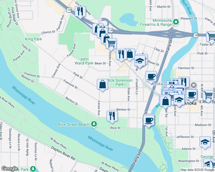 map of restaurants, bars, coffee shops, grocery stores, and more near 501 Park St in Anoka