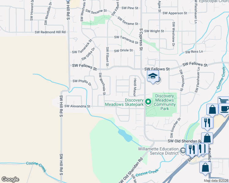 map of restaurants, bars, coffee shops, grocery stores, and more near 29 Heidi Manor in McMinnville