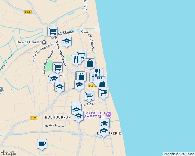 map of restaurants, bars, coffee shops, grocery stores, and more near 1 Quai Antoine Ferchaud in Pauillac