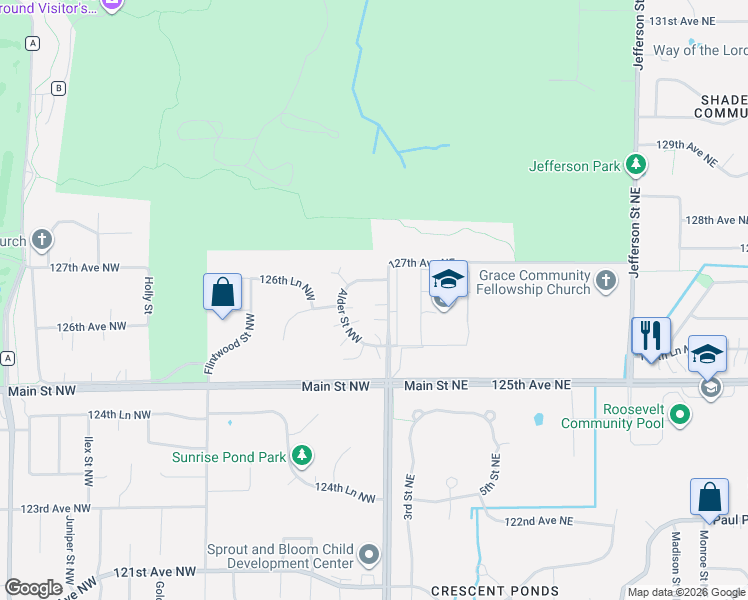 map of restaurants, bars, coffee shops, grocery stores, and more near 12619 Alder Street Northwest in Minneapolis