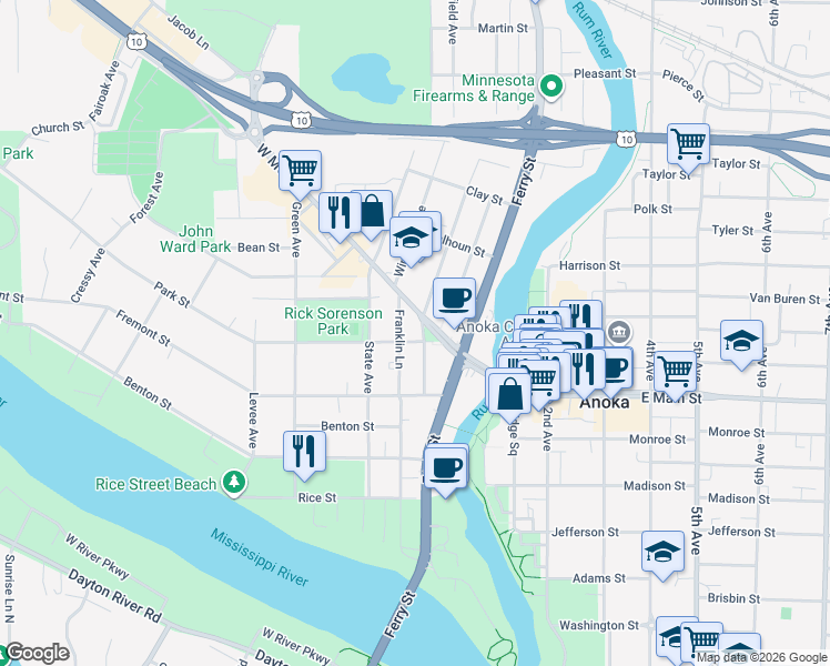 map of restaurants, bars, coffee shops, grocery stores, and more near 2005 Branch Avenue in Anoka