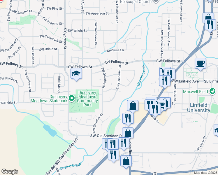 map of restaurants, bars, coffee shops, grocery stores, and more near 1325 Southwest Hilary Street in McMinnville