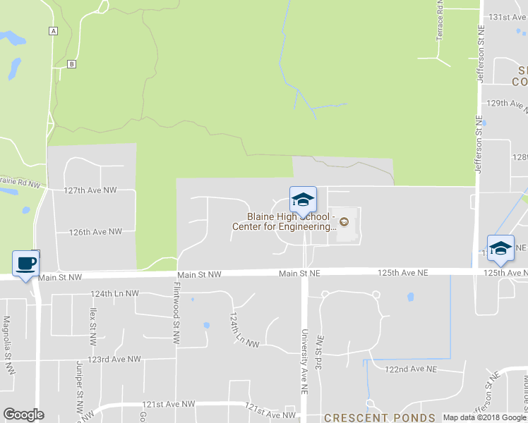 map of restaurants, bars, coffee shops, grocery stores, and more near 97 126th Avenue Northwest in Minneapolis
