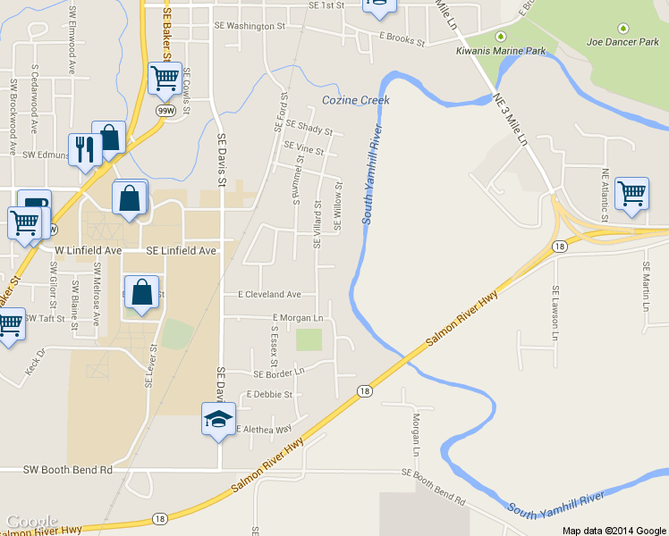 map of restaurants, bars, coffee shops, grocery stores, and more near Roberts Lane in McMinnville