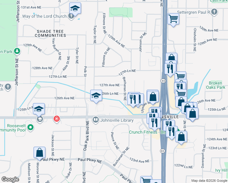 map of restaurants, bars, coffee shops, grocery stores, and more near 1134 126th Lane Northeast in Blaine