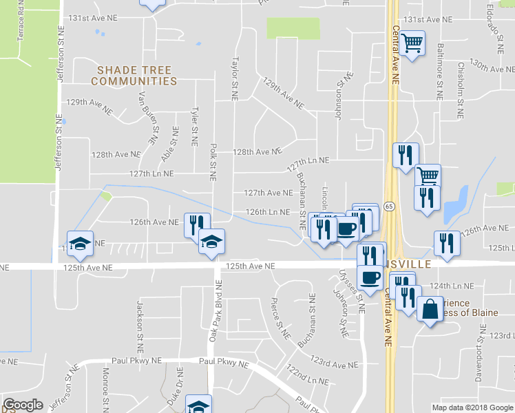 map of restaurants, bars, coffee shops, grocery stores, and more near 1083 126th Lane Northeast in Blaine