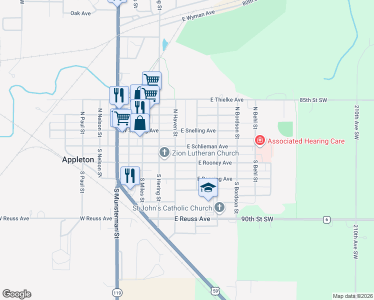 map of restaurants, bars, coffee shops, grocery stores, and more near 150 East Schlieman Avenue in Appleton