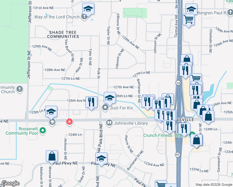map of restaurants, bars, coffee shops, grocery stores, and more near 1083 126th Lane Northeast in Blaine