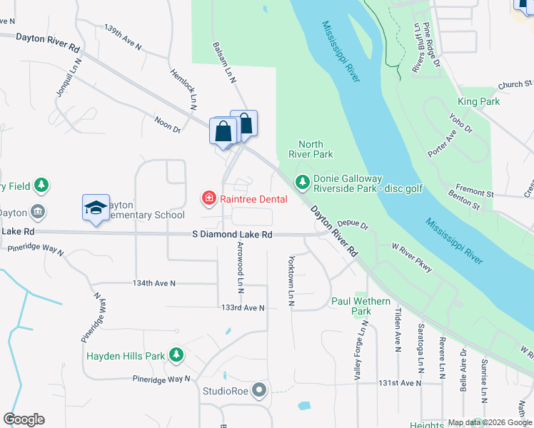 map of restaurants, bars, coffee shops, grocery stores, and more near 1329 South Diamond Lake Road in Champlin