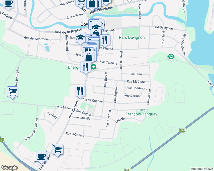 map of restaurants, bars, coffee shops, grocery stores, and more near 201 Rue Décarie in Cowansville