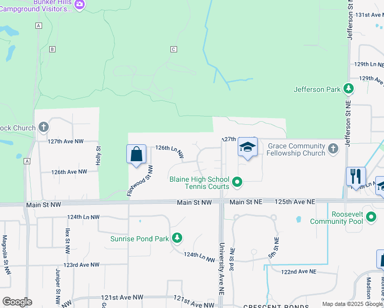 map of restaurants, bars, coffee shops, grocery stores, and more near 87 126th Lane Northwest in Minneapolis