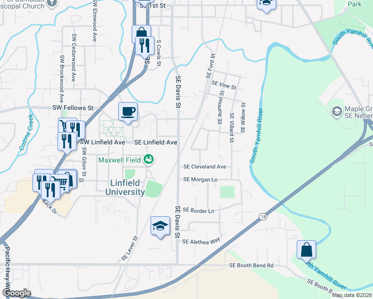 map of restaurants, bars, coffee shops, grocery stores, and more near 521 Southeast Jack Avenue in McMinnville