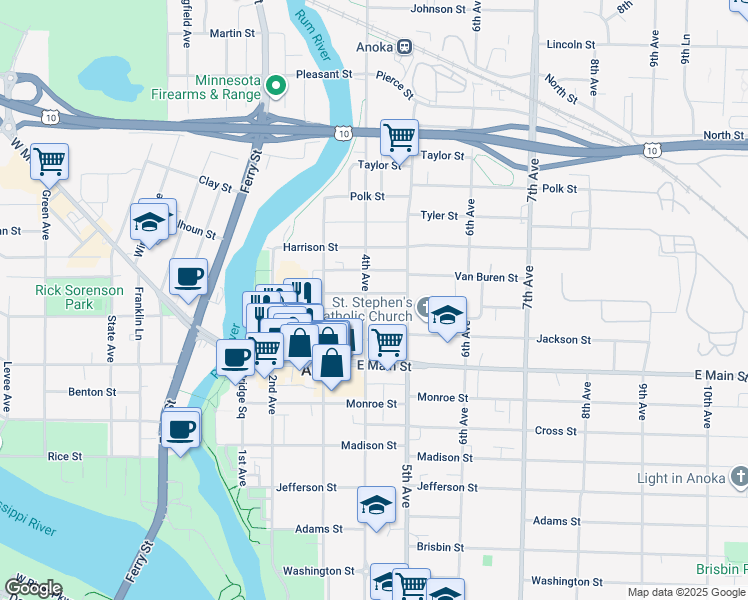 map of restaurants, bars, coffee shops, grocery stores, and more near 2140 North 4th Avenue in Anoka