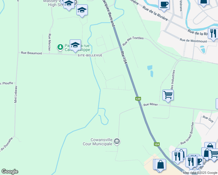 map of restaurants, bars, coffee shops, grocery stores, and more near 122 Rue Orléans in Cowansville